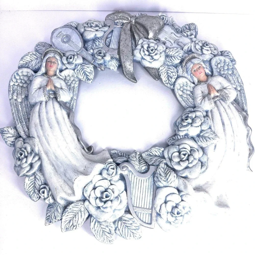 Large Praying Angel Wreath Wall Decor Religious Roses Harp Blue Resin 15 Inch